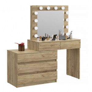 Masuta machiaj cu Oglinda LED si 5 Sertare pentru Cosmetice, Set Masa toaleta 130 cm, Stejar, masuta cosmetica, vanity - SEM512 - Img 2