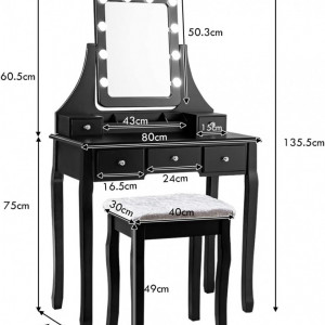Masuta machiaj cu Oglinda LED si 5 Sertare pentru Cosmetice, Set Masa toaleta 80 cm, masuta cosmetica, vanity - SEN236 - Img 8