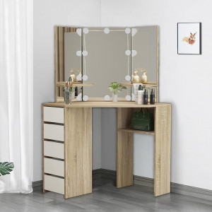 Masuta machiaj cu Oglinda LED si 5 Sertare pentru Cosmetice, Set Masa toaleta 110 cm, Alb, masuta cosmetica, vanity - SEM14 - Img 5