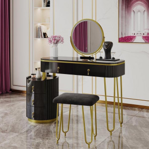 Masuta machiaj cu Oglinda LED si 5 Sertare pentru Cosmetice, Set Masa toaleta 100 cm, Negru, masuta cosmetica, vanity - SEN243