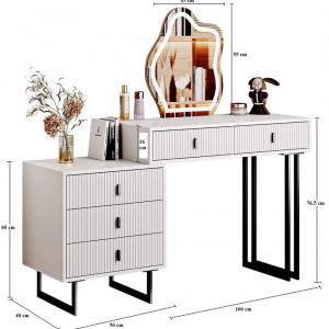Masuta machiaj cu Oglinda LED si 5 Sertare pentru Cosmetice, Set Masa toaleta 140 cm, Alb, masuta cosmetica, vanity - SEA94 - Img 3