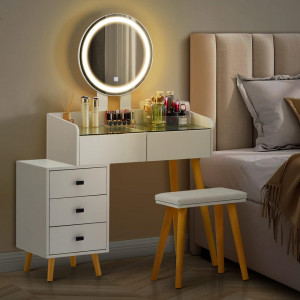 Masuta machiaj cu Oglinda LED si 5 Sertare pentru Cosmetice, Set Masa toaleta 116 cm, Alb, masuta cosmetica, vanity - SEA419