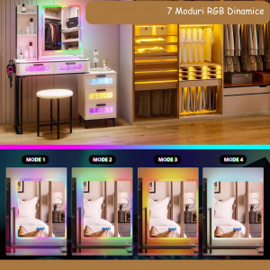 Masuta machiaj cu Oglinda LED si 5 Sertare pentru Cosmetice, Set Masa toaleta 80 cm, Negru, masuta cosmetica, vanity - SEG218 - Img 5