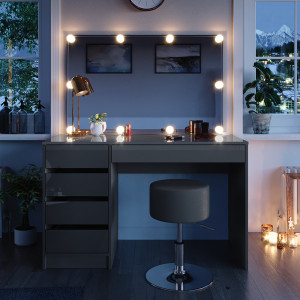 Masuta machiaj cu Oglinda LED si 5 Sertare pentru Cosmetice, Set Masa toaleta 120 cm, Gri, masuta cosmetica, vanity - SEG219
