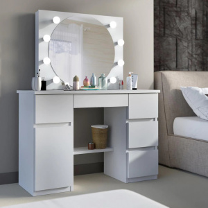 Masuta machiaj cu Oglinda LED si 5 Sertare pentru Cosmetice, Set Masa toaleta 120 cm, Alb, masuta cosmetica, vanity - SEA545