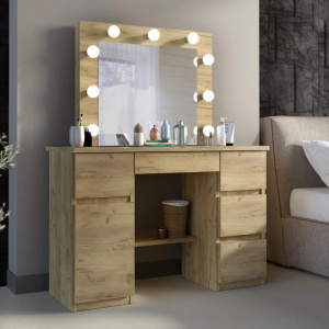 Masuta machiaj cu Oglinda LED si 5 Sertare pentru Cosmetice, Set Masa toaleta 120 cm, Stejar, masuta cosmetica, vanity - SEM522 - Img 6