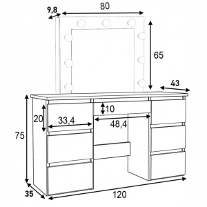 Masuta machiaj cu Oglinda LED si 5 Sertare pentru Cosmetice, Set Masa toaleta 120 cm, Stejar, masuta cosmetica, vanity - SEM534 - Img 2