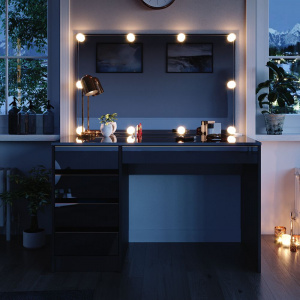 Masuta machiaj cu Oglinda LED si 5 Sertare pentru Cosmetice, Set Masa toaleta 120 cm, Negru, masuta cosmetica, vanity - SEN253 - Img 2