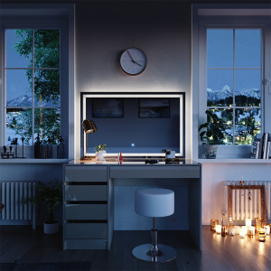 Masuta machiaj cu Oglinda LED si 5 Sertare pentru Cosmetice, Set Masa toaleta 120 cm, masuta cosmetica, vanity - SEC209