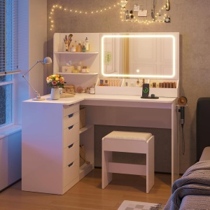 Masuta machiaj cu Oglinda LED si 5 Sertare pentru Cosmetice, Set Masa toaleta 120 cm, Alb, masuta cosmetica, vanity - SEA496