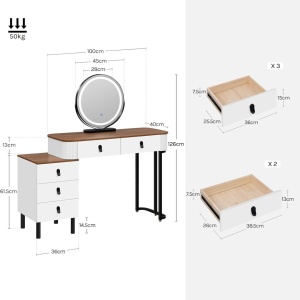 Masuta machiaj cu Oglinda LED si 5 Sertare pentru Cosmetice, Set Masa toaleta 120 cm, Alb, masuta cosmetica, vanity - SEA497 - Img 2