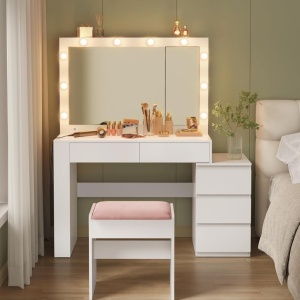 Masuta machiaj cu Oglinda LED si 5 Sertare pentru Cosmetice, Set Masa toaleta 125 cm, Alb, masuta cosmetica, vanity - SEA803 - Img 6
