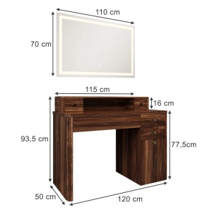 Masuta machiaj cu Oglinda LED si 5 Sertare pentru Cosmetice, Set Masa toaleta 115 cm, Maro, masuta cosmetica, vanity - SEM246 - Img 5