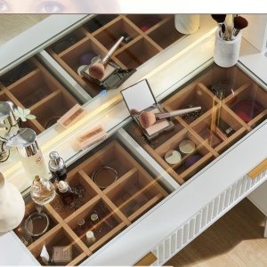 Masuta machiaj cu Oglinda LED si 5 Sertare pentru Cosmetice, Set Masa toaleta 122 cm, Alb, Antracit sau Culoarea Stejar, masuta cosmetica cu Riflaj, vanity - SEM21 - Img 8