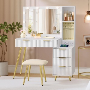 Masuta machiaj cu Oglinda LED si 5 Sertare pentru Cosmetice, Set Masa toaleta 110 cm, Alb, masuta cosmetica, vanity - SEA823