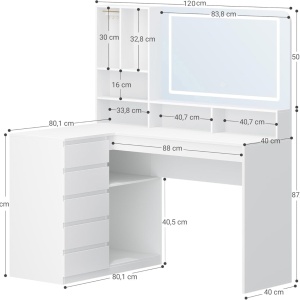 Masuta machiaj cu Oglinda LED si 5 Sertare pentru Cosmetice, Set Masa toaleta 120 cm, Alb, masuta cosmetica, vanity - SEA32 - Img 3