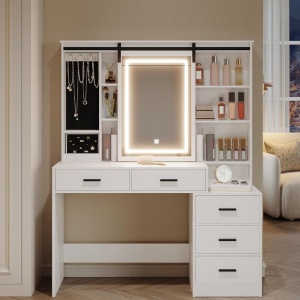 Masuta machiaj cu Oglinda LED si 5 Sertare pentru Cosmetice, Set Masa toaleta 120 cm, Alb, masuta cosmetica, vanity - SEA5