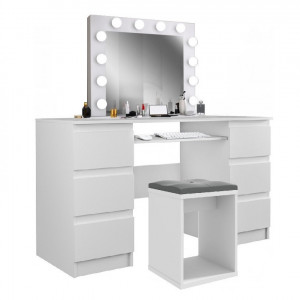 Masuta machiaj cu Oglinda LED si 6 Sertare pentru Cosmetice, Set Masa toaleta 130 cm, Alb Lucios, masuta cosmetica, vanity - SEA540 - Img 4