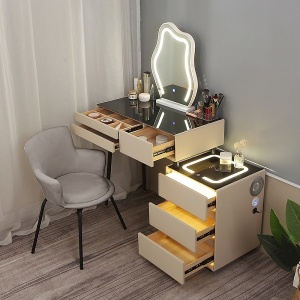 Masuta machiaj cu Oglinda LED si 6 Sertare pentru Cosmetice, Set Masa toaleta 80 cm, Alb, masuta cosmetica, vanity - SEA169 - Img 2