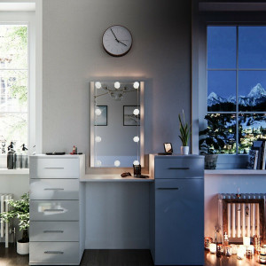 Masuta machiaj cu Oglinda LED si 6 Sertare pentru Cosmetice, Set Masa toaleta 140 cm, Alb, masuta cosmetica, vanity - SEA265 - Img 1