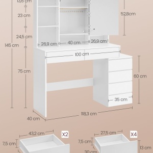 Masuta machiaj cu Oglinda LED si 6 Sertare pentru Cosmetice, Set Masa toaleta 118 cm, Alb, masuta cosmetica, vanity - SEA95 - Img 8
