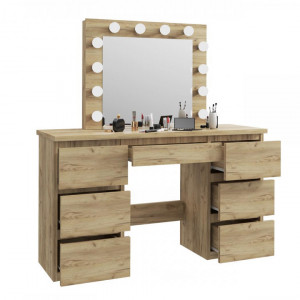 Masuta machiaj cu Oglinda LED si 7 Sertare pentru Cosmetice, Set Masa toaleta 120 cm, Stejar, masuta cosmetica, vanity - SEM508 - Img 5