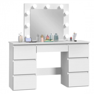 Masuta machiaj cu Oglinda LED si 7 Sertare pentru Cosmetice, Set Masa toaleta 120 cm, Alb, masuta cosmetica, vanity - SEA552 - Img 5