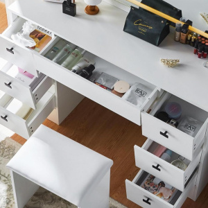 Masuta machiaj cu Oglinda LED si 7 Sertare pentru Cosmetice, Set Masa toaleta 117 cm, Alb, masuta cosmetica, vanity - SEA475 - Img 4