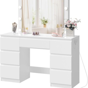 Masuta machiaj cu Oglinda LED si 7 Sertare pentru Cosmetice, Set Masa toaleta 110 cm, Alb, masuta cosmetica, vanity - SEA907 - Img 3