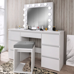Masuta machiaj cu Oglinda LED si 7 Sertare pentru Cosmetice, Set Masa toaleta 120 cm, Alb, masuta cosmetica, vanity - SEA516
