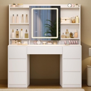 Masuta machiaj cu Oglinda LED si 7 Sertare pentru Cosmetice, Set Masa toaleta 108 cm, Alb, masuta cosmetica, vanity - SEA4 - Img 3