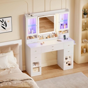 Masuta machiaj cu Oglinda LED si 8 Sertare pentru Cosmetice, Set Masa toaleta 107 cm, Alb, masuta cosmetica, vanity - SEA835 - Img 4