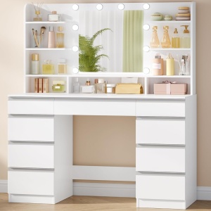 Masuta machiaj cu Oglinda LED si 9 Sertare pentru Cosmetice, Set Masa toaleta 109 cm, Alb, masuta cosmetica, vanity - SEA821