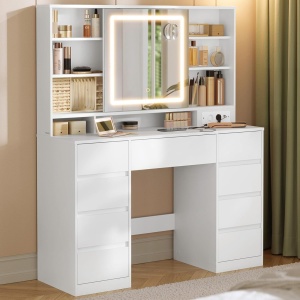 Masuta machiaj cu Oglinda LED si 9 Sertare pentru Cosmetice, Set Masa toaleta 110 cm, Alb, masuta cosmetica, vanity - SEA822