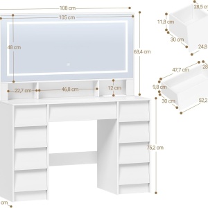 Masuta machiaj cu Oglinda LED si 9 Sertare pentru Cosmetice, Set Masa toaleta 109 cm, Alb, masuta cosmetica, vanity - SEA19 - Img 4