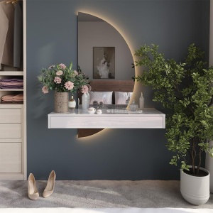 Masuta machiaj cu Oglinda Semiluna LED si 1 Sertar pentru Cosmetice, Set Masa toaleta 80 / 100 / 120 cm, Alb Lucios, masuta vanity, cosmetica - SEA838 - Img 9