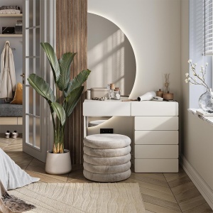Masuta machiaj cu Oglinda Semiluna LED si 6 Sertare pentru Cosmetice, Set Masa toaleta 100 cm, Alba, masuta vanity, cosmetica - SEA837 - Img 2