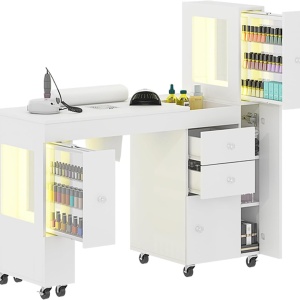 Masuta manichiura alba, 120 cm, birou, masa cosmetica pentru salon cu Aspirator Incorporat, Pernita, Sertare, Dulapuri si Rafturi - MANIA207
