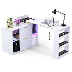Masuta manichiura Alba / Neagra, 110 cm, birou cu LED si Riflaj, masa cosmetica pentru salon cu Aspirator Incorporat, Prize si USB MANIA211 - Img 6