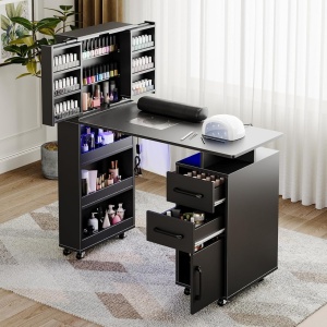 Masuta manichiura Alba / Roz / Neagra, 108 cm, birou cu LED, masa cosmetica pentru salon cu Aspirator Incorporat, Pernita si Rafturi deschise - MANIA216 - Img 3