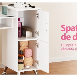 Masuta manichiura Alba / Roz / Neagra, 122 cm, birou cu Blat din Sticla, masa cosmetica pentru salon cu Aspirator Incorporat, Pernita si Vitrina din Sticla - MANIA214 - Img 11