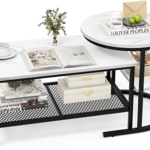 MCAU19 - Set 2 masute de cafea 80 cm si 52 cm, mese pentru living - Alb - Negru / Auriu - Img 9