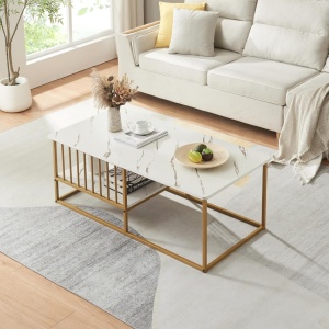 MCAU20 - Masuta de cafea 120 cm, masa pentru living imitatie marmura - Alb - Auriu / Negru - Img 12