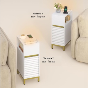 NOA2 - Set 2 Noptiere, 24 cm, foarte inguste, LED, USB si USB-C, Riflaje dormitor - Alb - Auriu - Img 7
