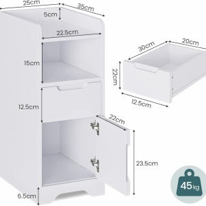 NOA202 - Set 2x Noptiere foarte inguste, 25 cm, cu sertar, dulap si raft - Alb - Img 3