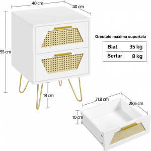 NOA232 - Set 2x Noptiere albe 40 cm, cu 2 sertare - Alb - Auriu - Img 7