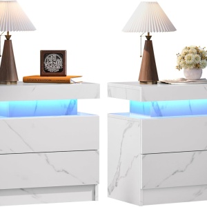 NOA241 - Set 2x Noptiere 49 cm, cu 2 sertare si LED, pentru dormitor - Alb imitatie Marmura