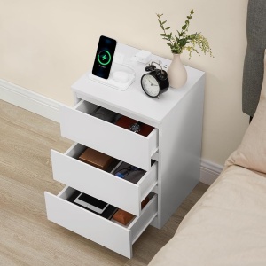 NOA49 - Set 2x Noptiere albe 40x35x59 cm, cu 3 sertare, prize, USB, dormitor - Alb - Img 5