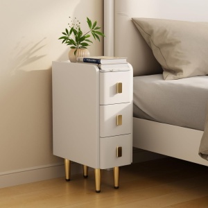 NOA5 - Set 2 Noptiere foarte inguste, 20 cm sau 30 cm, cu 3 sertare, dormitor - Alb - Auriu