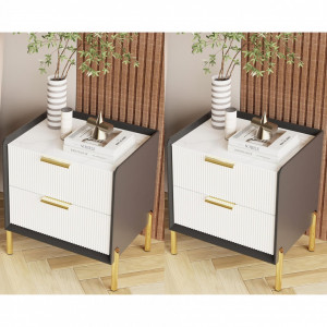 NOG3 - Set 2 Noptiere, 48 cm, cu 2 sertare pentru dormitor, Piele Ecologica si Riflaje - Gri- Alb - Auriu